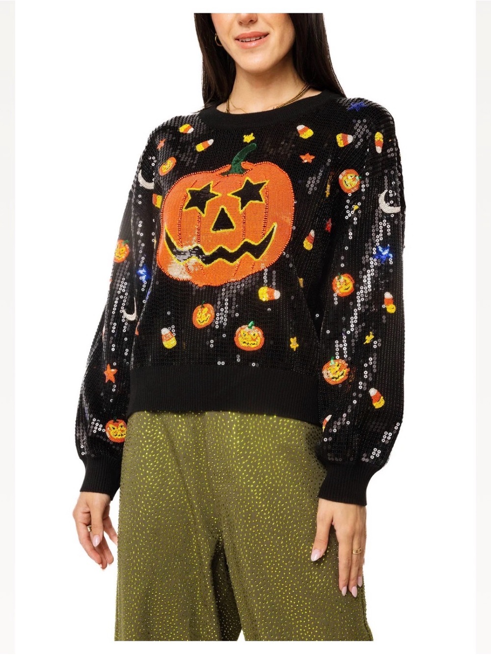 Queen Of Sparkles Black Full Sequin Pumpkin & Mini Icon Sweater Small NWOT